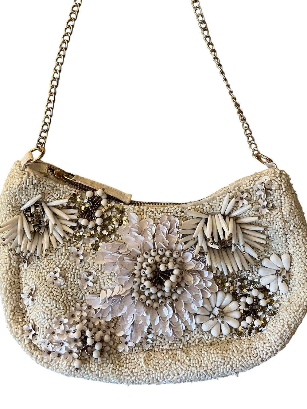 White & Cream Beaded Purse w/Chain Strap